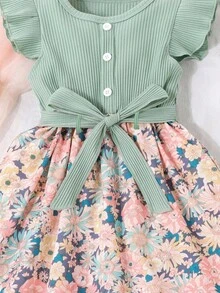 SHEIN Vintaside Kids Vestido De Cinturón Con Estampado Floral Para Niña Joven Y Sombrero Accesorio Con Pretina De Volantes - Multicolor - Ver 3