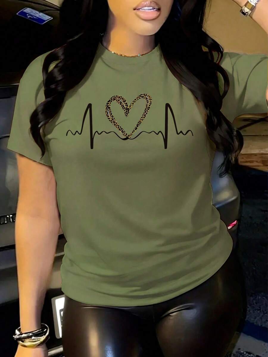 SHEIN Women's Leopard Print Heart Graphic Short Sleeve Basic T-Shirt - Army Green - View 1