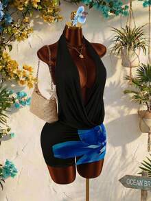 Amplova 新款度假风露背热带印花性感低胸迷你连衣裙 - 綠色 - 查看 4