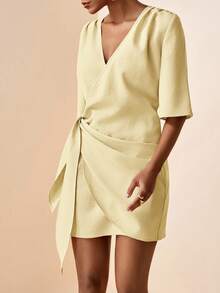 Zivah Pale Yellow Summer Elegant Tea Party Brunch Women's V-Neck Wrap Side Tie 5/8 Sleeve Mini Linen Dress, Casual Wedding Guest Office Wear - Light Yellow - View 3
