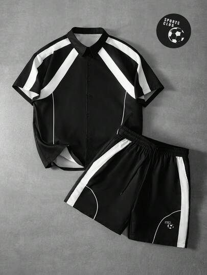 PAVTROS Manfinity EMRG Men's Street Style Short Shirt And Shorts 2-Piece Set, Sports Streetwear, Black And White Contrast Color Short Shirt With Drawstring Shorts, Personalized Contrast Design, Sporty Set, Men's Fashion, Suitable For College Campus, Gift For Him, World Cup Gift