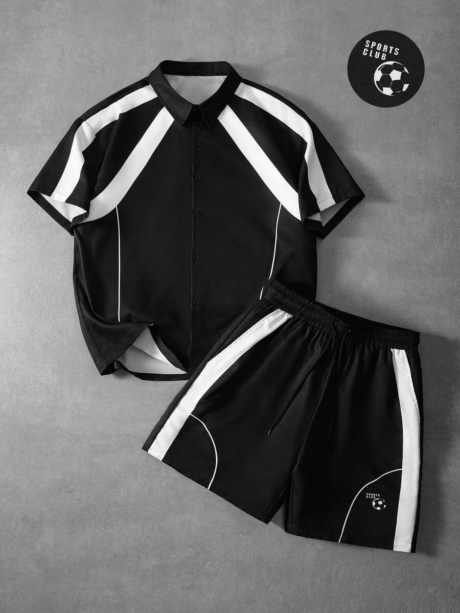 Manfinity Roghcode Manfinity EMRG 男士街头风短袖衬衫短裤两件套，运动街头服饰，黑白撞色短袖衬衫配抽绳短裤，个性化撞色设计，运动套装，男士时尚，适合大学校园穿着，送给他的礼物，世界杯礼物 - 黑色 - 查看 1