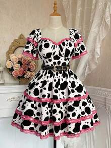 Sweetra Plus Size Summer Fashion Cow Print Contrast Color Lace Trim Skater Skirt Moo Moo Dress Rodeo Dress 80s Dress Milk Maid Dress Cow Print Dress - Black - View 1