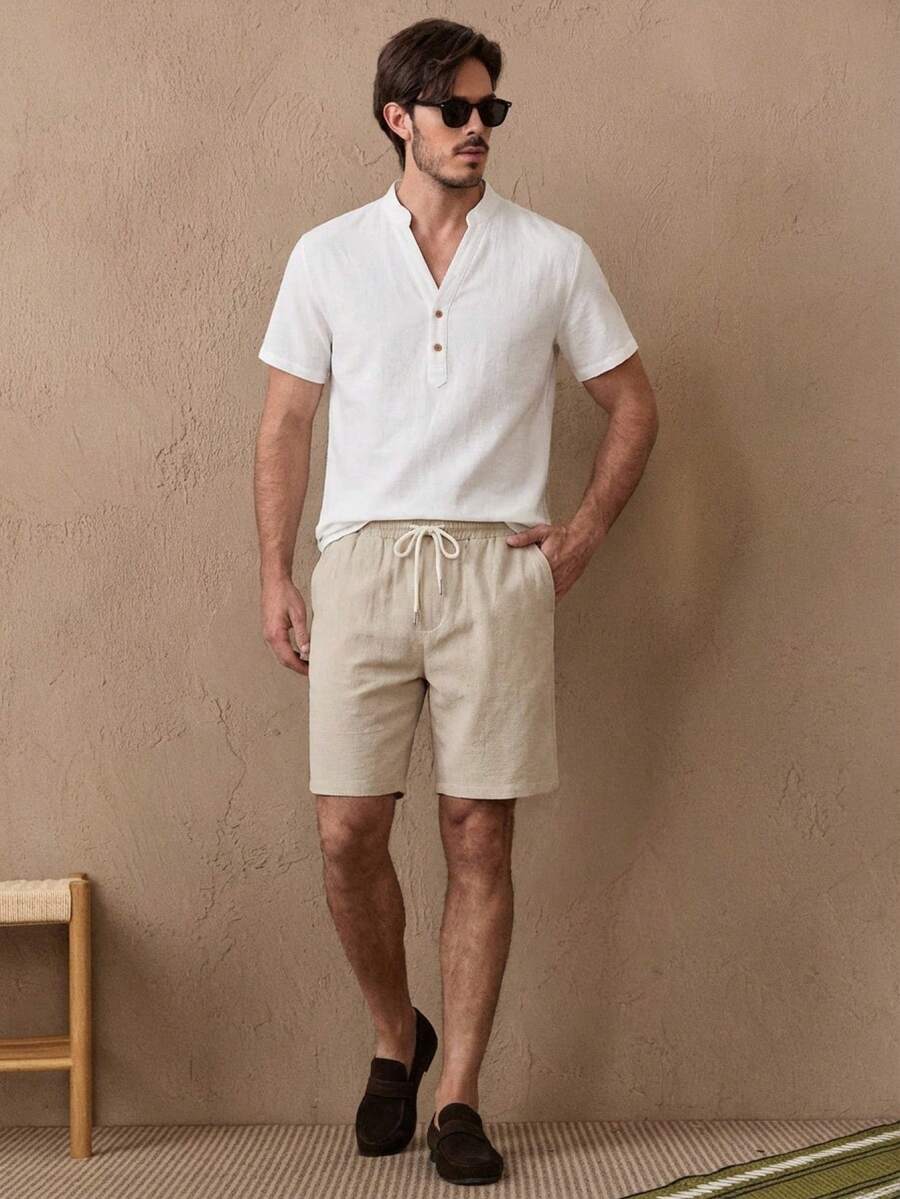 HIMLAND Loose-Fit Men's Cotton Half-Button Shirt And Drawstring Waist Shorts Set - Multicolor - View 1