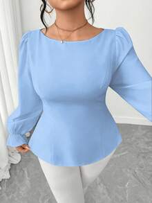 Elenzga Camisa elegante y casual de unicolor con mangas abullonadas y lazo en la espalda para mujer de talla grande, conjunto de verano - Celeste - Ver 6