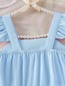 Elladie kids Bộ đồ bé gái (cỡ nhỏ) gồm áo croptop không tay viền hoa màu hồng và chân váy xếp ly thắt nơ, trang phục mùa hè ngọt ngào và dễ thương dành cho các bé gái thanh lịch. - Màu xanh lam - Xem 7