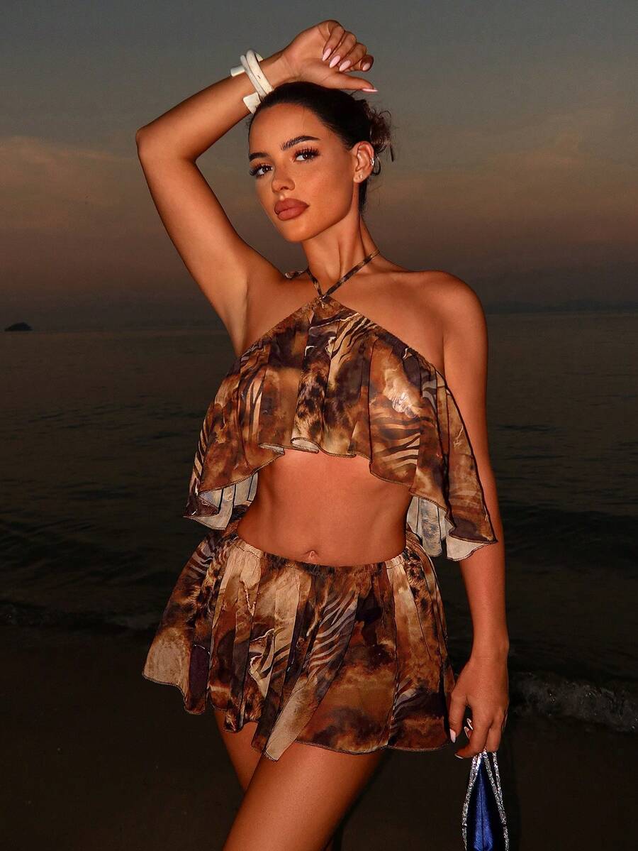 Sirith 女士扎染印花荷叶边露背吊带迷你连衣裙，性感度假风，适合夏季海滩穿着 - 彩色 - 查看 1