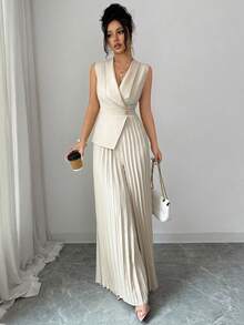 Elenzga 女士优雅杏色纯色翻领褶裥连体裤，领口和腰带设计，精致职业装，适合办公室、通勤、街头风、法式浪漫、休闲、中东复古、下午茶、派对、感恩节、返校季等场合，春夏新款时尚无袖宽松褶裥连体裤 - 杏色 - 查看 6