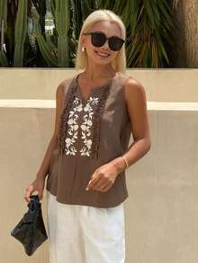 Livesso 女士花卉印花荷叶边无袖休闲衬衫 - 棕色 - 查看 4