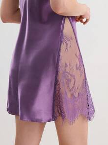 Hourtrue 对比色睫毛蕾丝蝴蝶结细节缎面吊带睡衣睡裙 - 紫色 - 查看 3