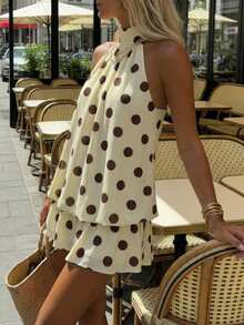 SHEIN EZwear 休闲简约夏季多巴胺奶油黄波点印花图案女士迷你吊带连衣裙，适合夏季、度假、波点印花连衣裙、波点、圆形圆点、杜卡迪圆点、夏季连衣裙，适合日常通勤、约会、派对、秋冬夏季、圣诞节、新年、感恩节、派对、婚礼、海滩、毕业典礼、时尚、优雅、休闲、外出、约会、预订、通勤、闪亮、情人节、优雅、度假、休闲、Y2K、外出、毕业典礼等场合。 - 彩色 - 查看 3
