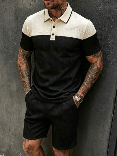 EGENSIO Men's Knitted Jacquard Solid Color Contrast Texture Ribbed Collar 3-Button Polo Suit