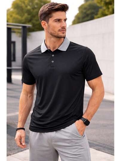 Playera tipo polo negra para hombre con cuello gris, manga corta, diseño casual moderno y elegante, tela cómoda y ligera ideal para uso diario, trabajo o salidas informales, estilo versátil fácil de combinar.
