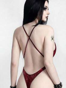 ROMWE Goth 2026春夏新款女士蛇纹箔面镂空露背交叉性感J字哥特风连体泳衣 - 酒紅色 - 查看 2
