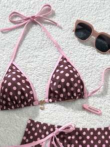 Swim Mod Bộ 3 món gồm áo bikini buộc dây cổ và quần bikini buộc dây bên hông in họa tiết chấm bi thời trang dành cho nữ, thích hợp cho kỳ nghỉ hè ở bãi biển. - Nhiều màu - Xem 3