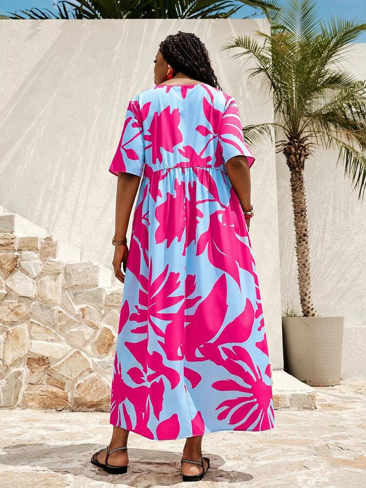 Plus Size Short Sleeve Waist Pleated Side Pockets Floral Print Loose Dress, Suitable For Spring/Summer Music Festival Bohemian Style