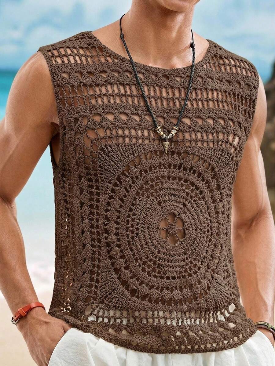 HIMLAND Áo vest dệt kim cổ tròn thiết kế khoét rỗng dành cho nam giới - Cà phê nâu - Xem 1