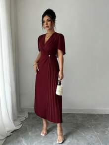Rafferiza Solid Color Chiffon Cinched Waist Elegant Pleated Dress - Burgundy - View 6