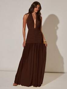 SHEIN BAE 女士深V领优雅性感连衣裙，适合度假、派对、婚礼、海滩旅行，黄色连衣裙 - 咖啡棕 - 查看 6