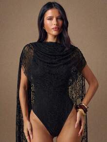 SHEIN BAE Body elegante de mujer con diseño de lazo y volantes de encaje - Negro - Ver 2