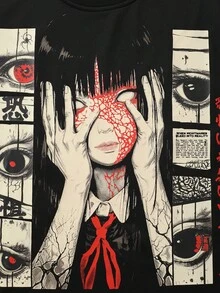 ROMWE MEN Anime Áo thun nam dáng rộng, vai rớt, ngắn, in họa tiết - màu đen - Xem 2