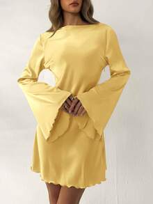 Aloruh 女士春夏新款优雅性感浪漫复古纯色浅黄色长袖露背垂褶领连衣裙，适合约会、下午茶等场合 - 淡黃色 - 查看 10