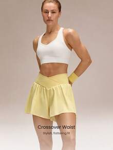 GLOWMODE Crossover Flowy Built-In Shorts 2-In-1 Quick-Dry Shorts Low Impact Breathable Cycling Running Gym Workout Summer - French Vanilla - View 3