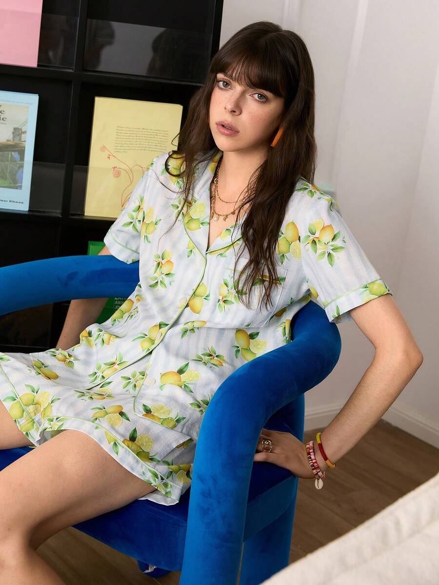 Chillnights Young Striped Lemon Print Cardigan Women Pajama Set - Multicolor - View 1