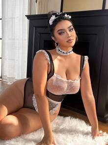 Fantasy Costume Fantasy Costume Conjunto de 3 piezas de ropa interior sexy para mujer - Mono sexy, decoración de cuello con tira de encaje tipo gargantilla - Blanco y Negro - Ver 5