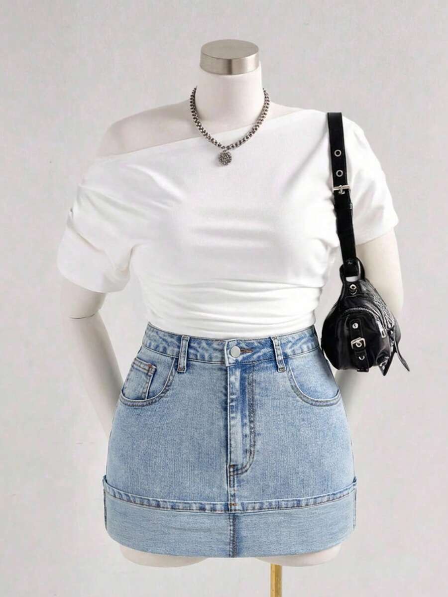 SHEIN MOD Blusa feminina de tricô com ombros assimétricos, cintura e mangas franzidas, estilo casual e minimalista para o verão. - Branco - Ver 1
