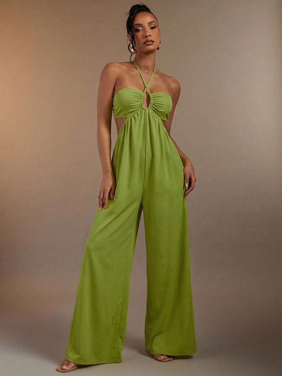 Hauture Jumpsuit Linen Wanita Seksi dengan Motif Abstrak, Potongan Depan, Model Silang, Model Halter, dan Punggung Terbuka. - Hijau - View 1