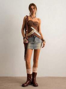 Freevana Women's Sequin Patchwork Asymmetric Hem Twist Ruched Bandeau Blouse - Coffee Brown - View 6