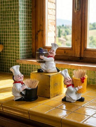 Joivida 1pc Restaurant, Bar, Cafe, Home Dining Toothpick Box Ornaments. Creative Little Chef Cake Shop Bar Counter Decorations, Suitable For Table And Bar Counter Display, For Storing Toothpicks, Resin Toothpick Storage Box.