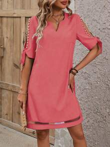 SHEIN Clasi Elegant Solid Color Hollow-Out Short Sleeve Beaded Decor Summer Dress - Coral Pink - View 4