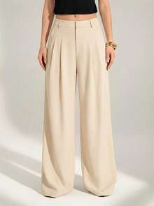 Sexy And Casual Business-Style High-Waisted Wide-Leg Pleated Trousers - Elegant Solid-Color Loose-Fitting Trousers, Professional Office Wear, Work Trousers With Co - 柿子2 - 查看 2