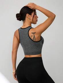 Seamluxe SHEIN Sport Women's Contrast Trim Round Neck Fitted Sports Bra, Summer - Grey - View 2