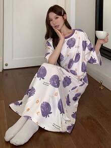DAZY Fruit Print Loose T-Shirt Dress, Mid-Length Casual Summer Sleepwear For Women - Mauve Purple - View 5