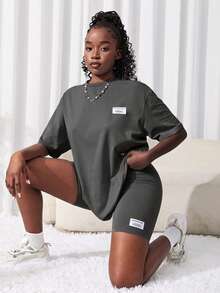 SHEIN 2pcs/Set Teen Girl Knitted Solid Color T-Shirt And Shorts Set - Grey - View 3