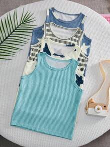 SHEIN Bộ 4 áo tank top trẻ em kiểu dáng rộng rãi, in họa tiết ngôi sao và sọc, chất liệu polyester mềm mại, thoáng khí. - Nhiều màu - Xem 4