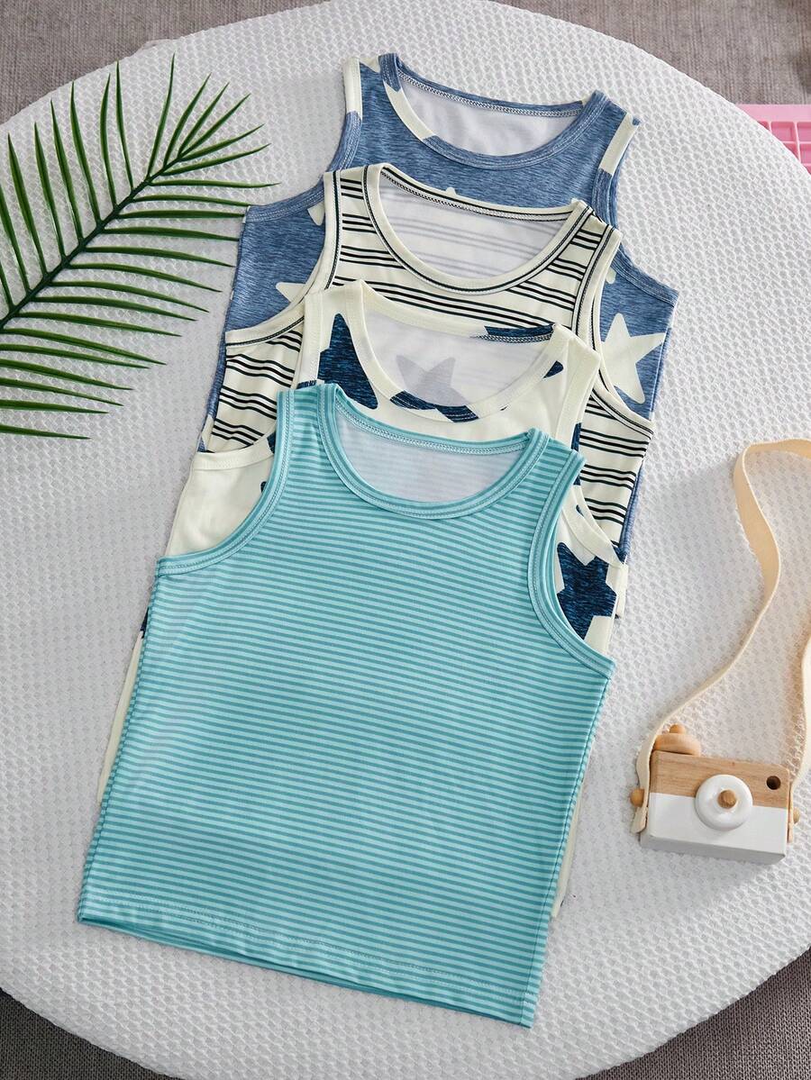 SHEIN Bộ 4 áo tank top trẻ em kiểu dáng rộng rãi, in họa tiết ngôi sao và sọc, chất liệu polyester mềm mại, thoáng khí. - Nhiều màu - Xem 1