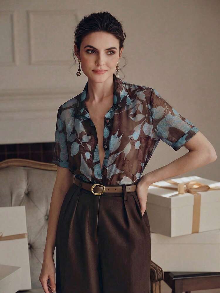 Women's New Brown Floral Elegant Short Sleeve Blouse,Summmer Fashion Shirt For Brunch,Vacation,Party,Wedding,Chic,Stylish,Formal,Work,Valentine's Day