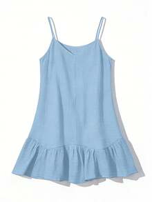 Swim Vcay Summer Clothes Women Summer Casual Beach Dress, Solid Color Textured Fabric, Adjustable Straps, Ruffle Trim Hem Coverup,Elegant Women's Dresses, Women's Easter Dresses, Women's Casual Dresses, Women's Vacation Dresses, Women's Country-Style Dresses, Women's Holiday Dresses, Women's Light Blue Dresses, Summer Beachwear - Baby Blue - View 9