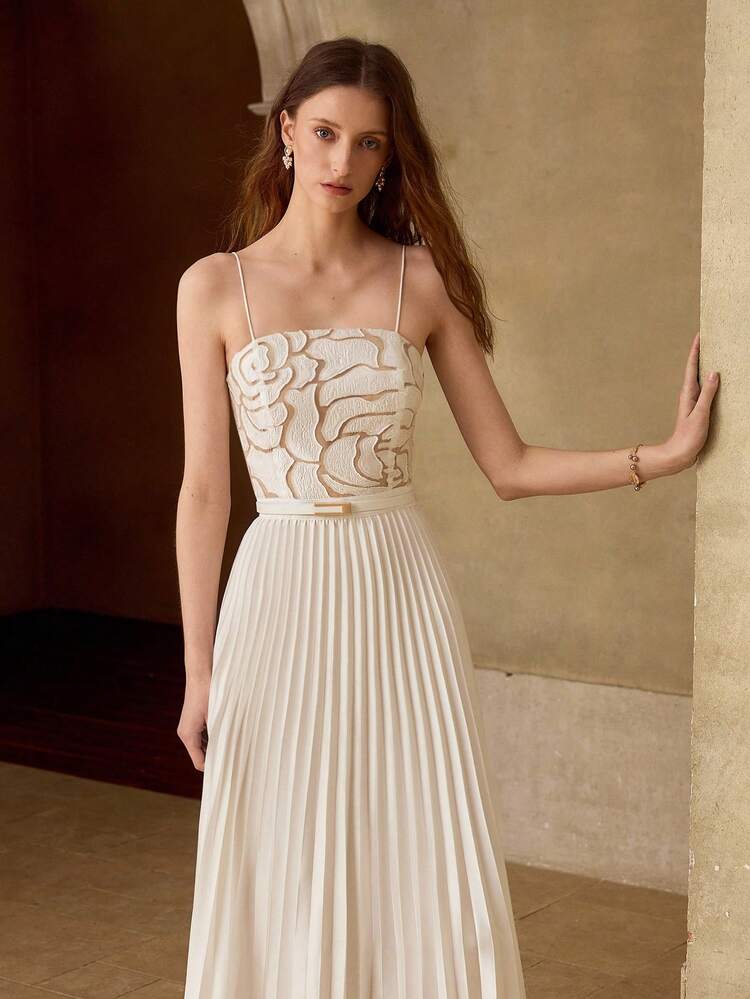 SUMMER WHITE JACQUARD SPAGHETTI STRAP SEXY MIDI DRESS WITH PLEATED WAIST BELT