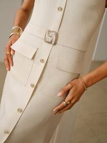 ZEYLAH Đầm linen không tay thanh lịch, thắt eo, thích hợp mặc đi làm hoặc mùa hè. - Màu be - Xem 2