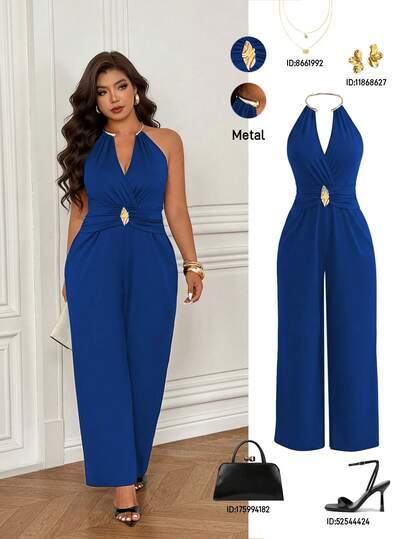 Femmeverse Bộ áo liền quần dài không tay cổ chữ V hở lưng gợi cảm dành cho nữ cỡ lớn