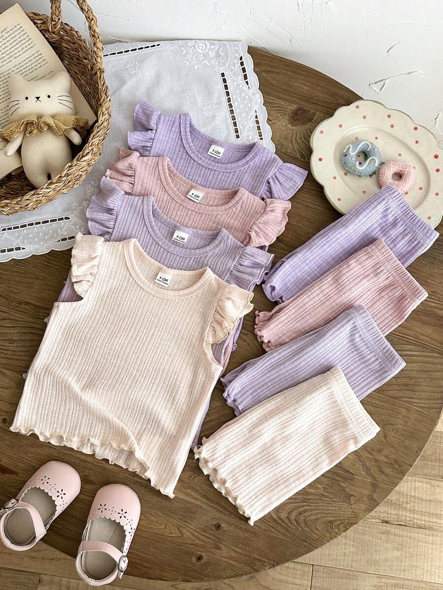 SHEIN 8件套/女婴0-3岁春夏新款休闲日常外出可爱纯色针织不对称罗纹短袖背心T恤上衣和短裤8件套 - 彩色 - 查看 1