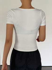 DAZY Women's Square Neck Short Sleeve Fitted T-Shirt Cute Tops Summer Crop Top Golf White Basic - White - View 3