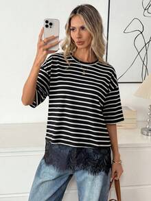 Easowa 女士条纹圆领休闲百搭短袖T恤，适合日常穿着 - 黑與白 - 查看 4