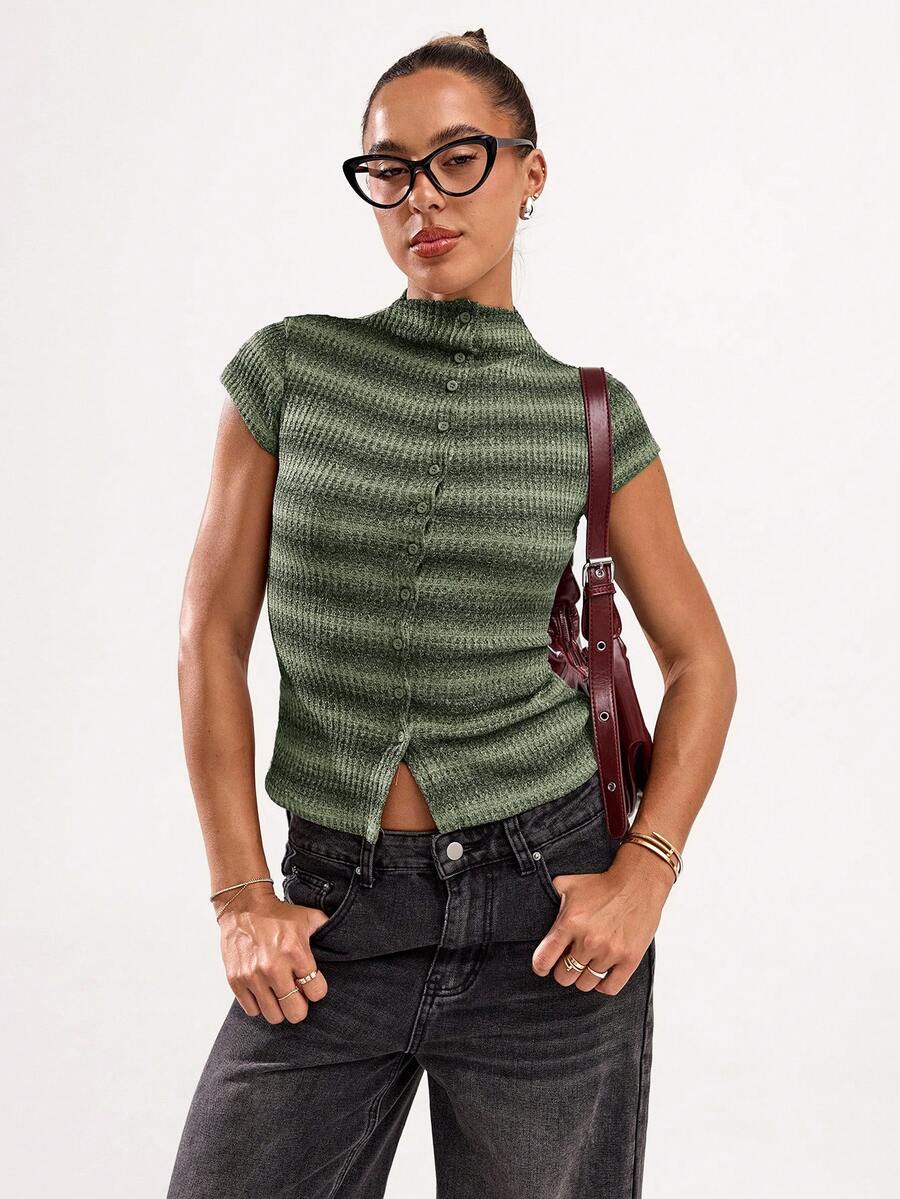 SHEIN BAE 女士夏季休闲复古渐变条纹印花立领短袖单排扣修身T恤 - 薄荷綠 - 查看 1