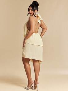 SHEIN BAE Plus Size Yellow Satin Halter Backless A-Line Dress,Elegant Wedding Guest Summer Outfit,Solid Color Asymmetrical Ruffle Peplum Formal Party Dress - Yellow - View 3